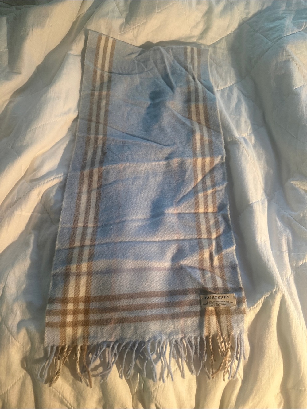 Burberry Baby Blue and Beige Check Cashmere-Wool Blend Scarf